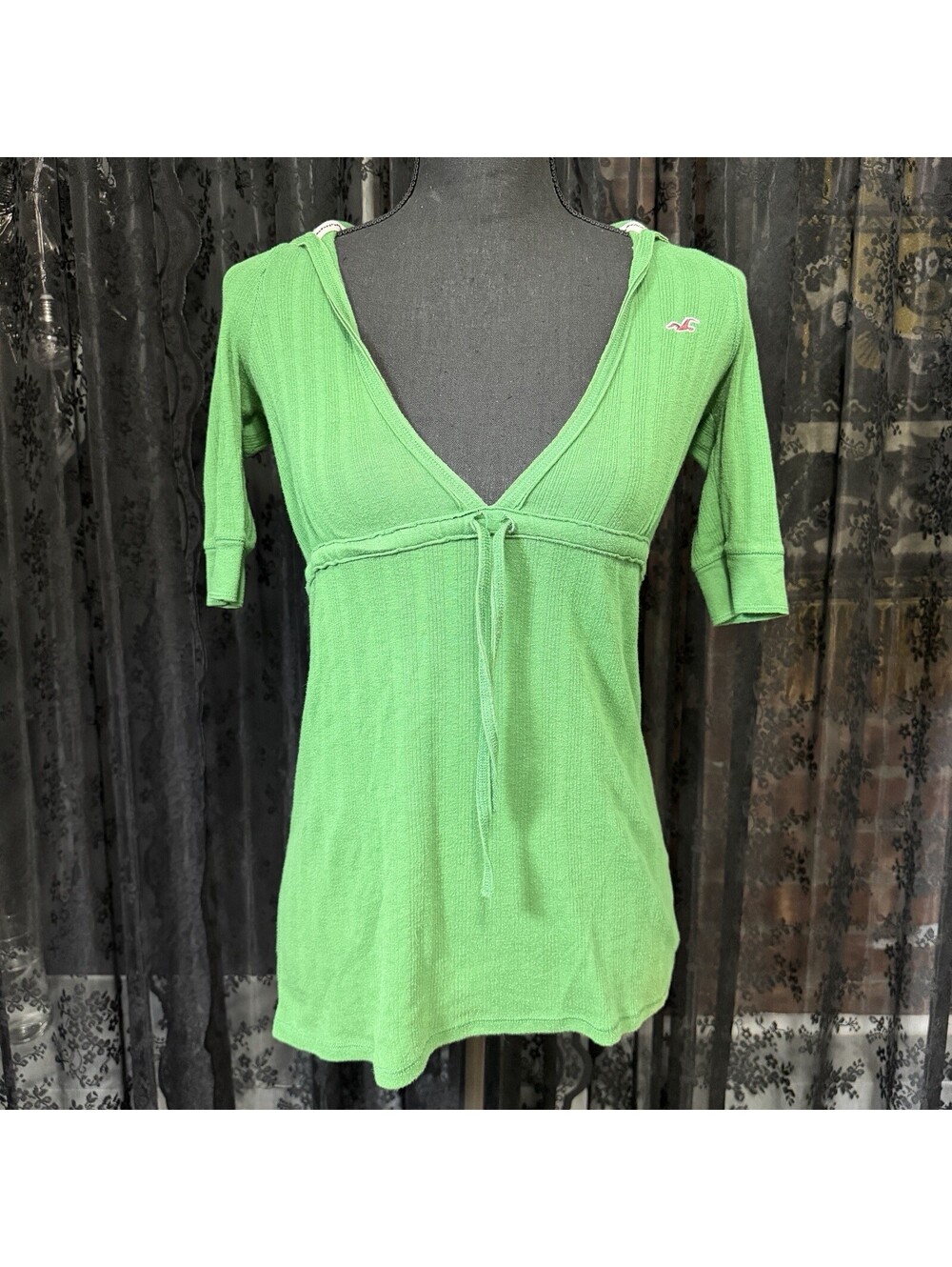 Hollister Green Ribbed Hooded Y2K Preppy Babydoll Top Tie Front Sz S